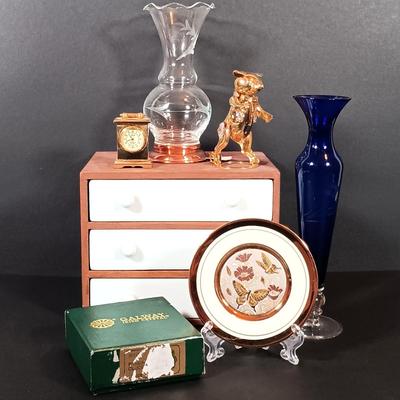 LOT 202: Gallaway Crystal Shamrock Clock, Art Glass Vases, Gold Plated and Crystal Pig & More