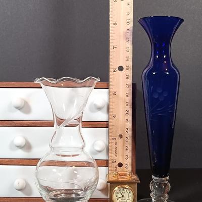 LOT 202: Gallaway Crystal Shamrock Clock, Art Glass Vases, Gold Plated and Crystal Pig & More