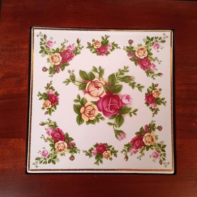 LOT 205: Royal Doulton Old Country Rose Tile Tray and Trivet, Royal Albert Holiday Chip and Dip Plate and Colander