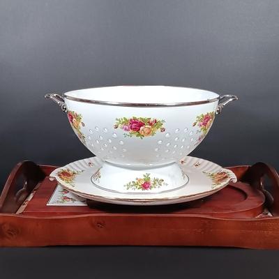 LOT 205: Royal Doulton Old Country Rose Tile Tray and Trivet, Royal Albert Holiday Chip and Dip Plate and Colander