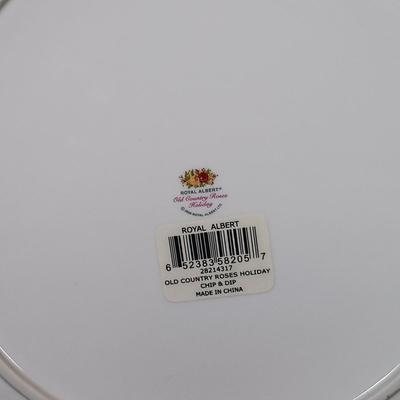 LOT 205: Royal Doulton Old Country Rose Tile Tray and Trivet, Royal Albert Holiday Chip and Dip Plate and Colander