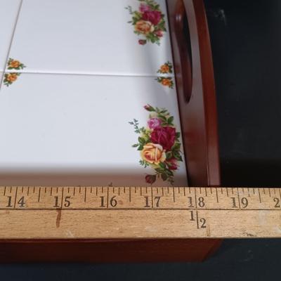 LOT 205: Royal Doulton Old Country Rose Tile Tray and Trivet, Royal Albert Holiday Chip and Dip Plate and Colander