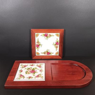 LOT 205: Royal Doulton Old Country Rose Tile Tray and Trivet, Royal Albert Holiday Chip and Dip Plate and Colander