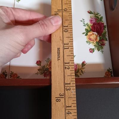 LOT 205: Royal Doulton Old Country Rose Tile Tray and Trivet, Royal Albert Holiday Chip and Dip Plate and Colander