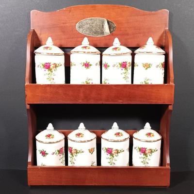 LOT 206: Royal Albert Old Country Roses Spice Jars with Wood Rack