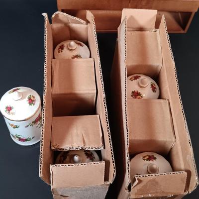 LOT 206: Royal Albert Old Country Roses Spice Jars with Wood Rack