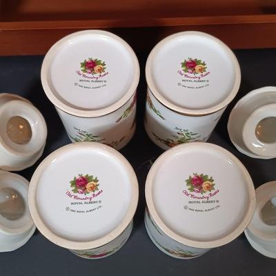 LOT 206: Royal Albert Old Country Roses Spice Jars with Wood Rack