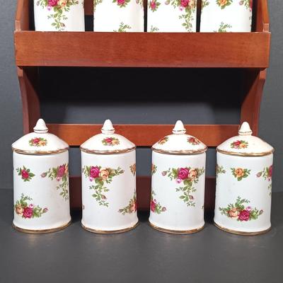 LOT 206: Royal Albert Old Country Roses Spice Jars with Wood Rack