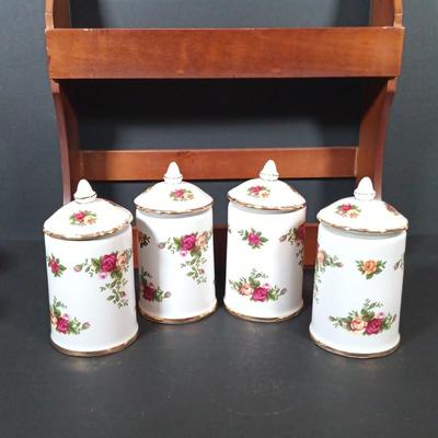 LOT 206: Royal Albert Old Country Roses Spice Jars with Wood Rack