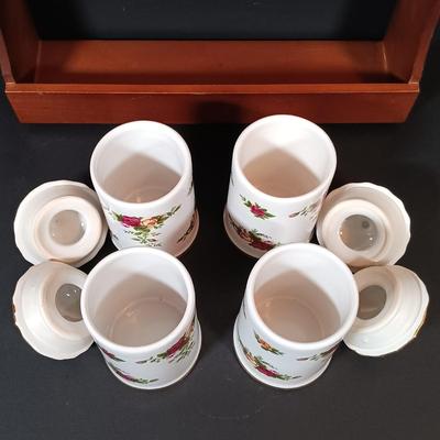 LOT 206: Royal Albert Old Country Roses Spice Jars with Wood Rack