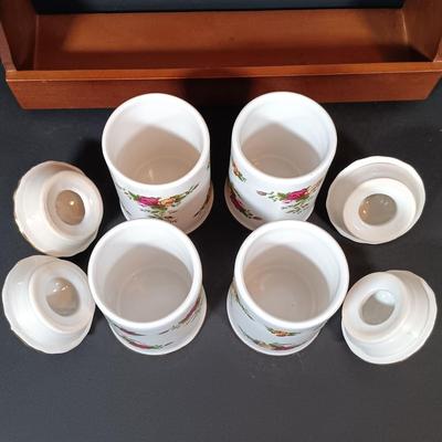 LOT 206: Royal Albert Old Country Roses Spice Jars with Wood Rack