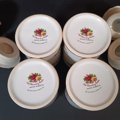 LOT 206: Royal Albert Old Country Roses Spice Jars with Wood Rack