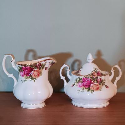 LOT 208: Large Set of Royal Albert Old Country Rose Cups, Saucers, Plates, Wine Glasses, Creamer and Sugar Bowl