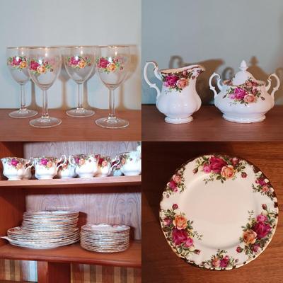 LOT 208: Large Set of Royal Albert Old Country Rose Cups, Saucers, Plates, Wine Glasses, Creamer and Sugar Bowl