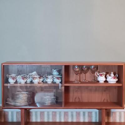 LOT 208: Large Set of Royal Albert Old Country Rose Cups, Saucers, Plates, Wine Glasses, Creamer and Sugar Bowl