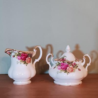 LOT 208: Large Set of Royal Albert Old Country Rose Cups, Saucers, Plates, Wine Glasses, Creamer and Sugar Bowl