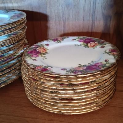 LOT 208: Large Set of Royal Albert Old Country Rose Cups, Saucers, Plates, Wine Glasses, Creamer and Sugar Bowl