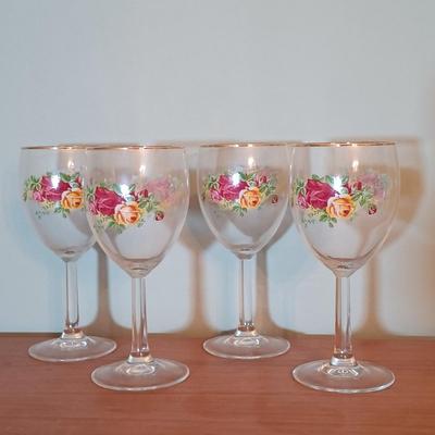 LOT 208: Large Set of Royal Albert Old Country Rose Cups, Saucers, Plates, Wine Glasses, Creamer and Sugar Bowl