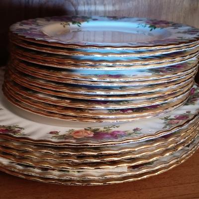 LOT 208: Large Set of Royal Albert Old Country Rose Cups, Saucers, Plates, Wine Glasses, Creamer and Sugar Bowl