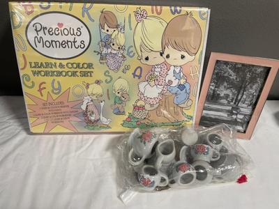 Precious moments, workbook, set, miniature tea, set and pink picture frame