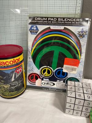 Miscellaneous toys, including vintage puzzle, diary, drum pads