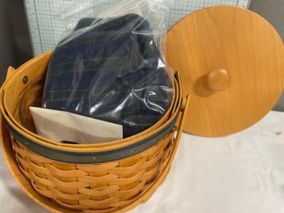 Longaberger sewing circle basket with blue and green trim