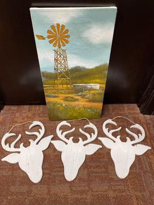 W. Lovell windmill canvas and 3 deer head decor
