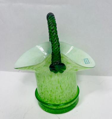 Eamon Of Ireland Blown Glass Basket Irish Shamrock St Patrick's Day Candy Dish