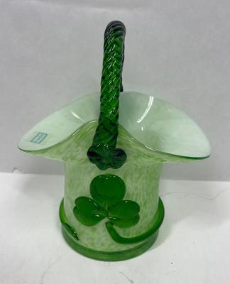Eamon Of Ireland Blown Glass Basket Irish Shamrock St Patrick's Day Candy Dish