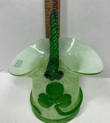 Eamon Of Ireland Blown Glass Basket Irish Shamrock St Patrick's Day Candy Dish