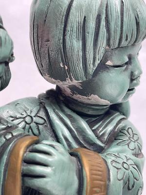 Large Mid-Century Universal Statuary Teal Green Copper Colored Chalkware Japan Figurines - Chicago