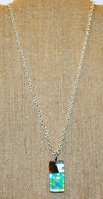 Blues & Greens Acrylic PENDANT (1¾" x ½") PENDANT on a Silver Tone Necklace Chain 19" L