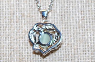Entangled Hearts PENDANT (¾" x ¾") with Iridescent Green Center Stone on a Silver Tone Necklace Chain 18" L