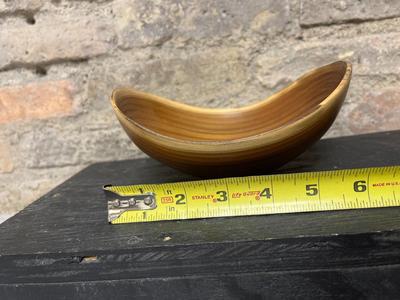 Sale Photo Thumbnail #274: Three Tarzia Firenze laminated wood birds, Russian olive turned bowl, pair of African Padauk wood turned vases, pair of Danish wood candle holders, inlaid wood box made in Spain, turned lidded container-possibly cherry, tulip wood trinket box, art pottery