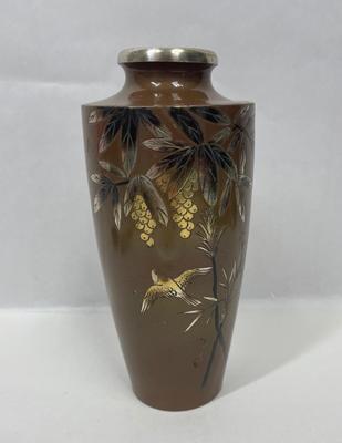 Vintage 19th Century Japanese Meiji Bronze Mixed Metal Vase Signed Birds Flowers Grapes 8.5"