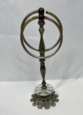 Vintage Brass Hand Towel Holder Double Ring Ornate Base Free Standing Art Noveau