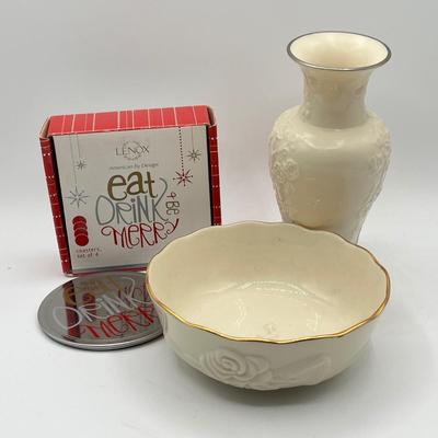 LOT 218K: Lenox Vase, Bowl and Coasters