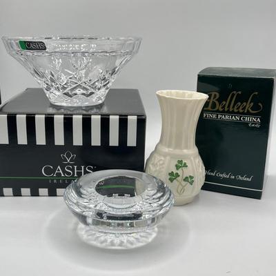 LOT 220K: Irish Crystal and Pottery - Belleek Vase, Waterford and Cash's Crystal