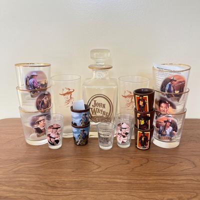 LOT 228K: John Wayne Decanter, Glasses, Shot Glasses