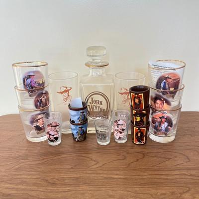 LOT 228K: John Wayne Decanter, Glasses, Shot Glasses