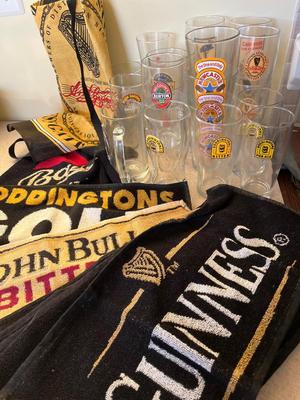 LOT 234K: Big Lot Of Beer Glasses and Bar Towels