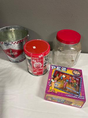 Coke and PEZ Puzzles and jar and bucket