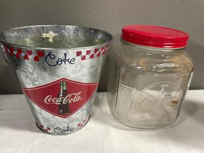 Coke and PEZ Puzzles and jar and bucket