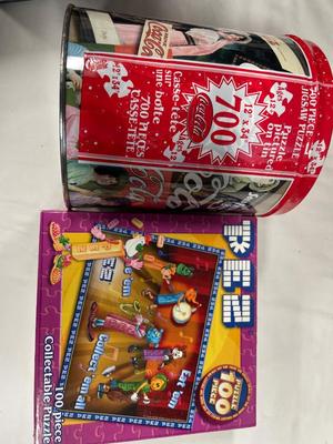 Coke and PEZ Puzzles and jar and bucket