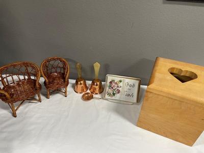 Wood Kleenex box with bells and doll furniture