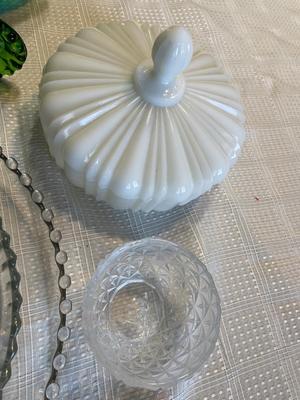 Clear Glass, milk glass & Jeannette glass decor