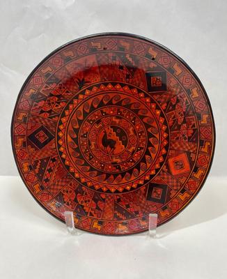 Peru Handcrafted Plate Folk Art Pottery Clay South America 12” Geometric deep reds & oranges Maximalism Decor