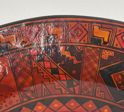 Peru Handcrafted Plate Folk Art Pottery Clay South America 12” Geometric deep reds & oranges Maximalism Decor