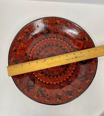 Peru Handcrafted Plate Folk Art Pottery Clay South America 12” Geometric deep reds & oranges Maximalism Decor