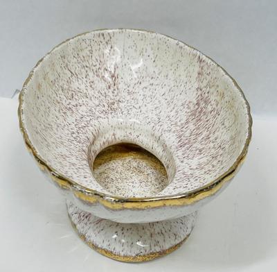 Vintage Ceramic Pottery Planter cream & brown bowl on pedestal with gold leaf trim